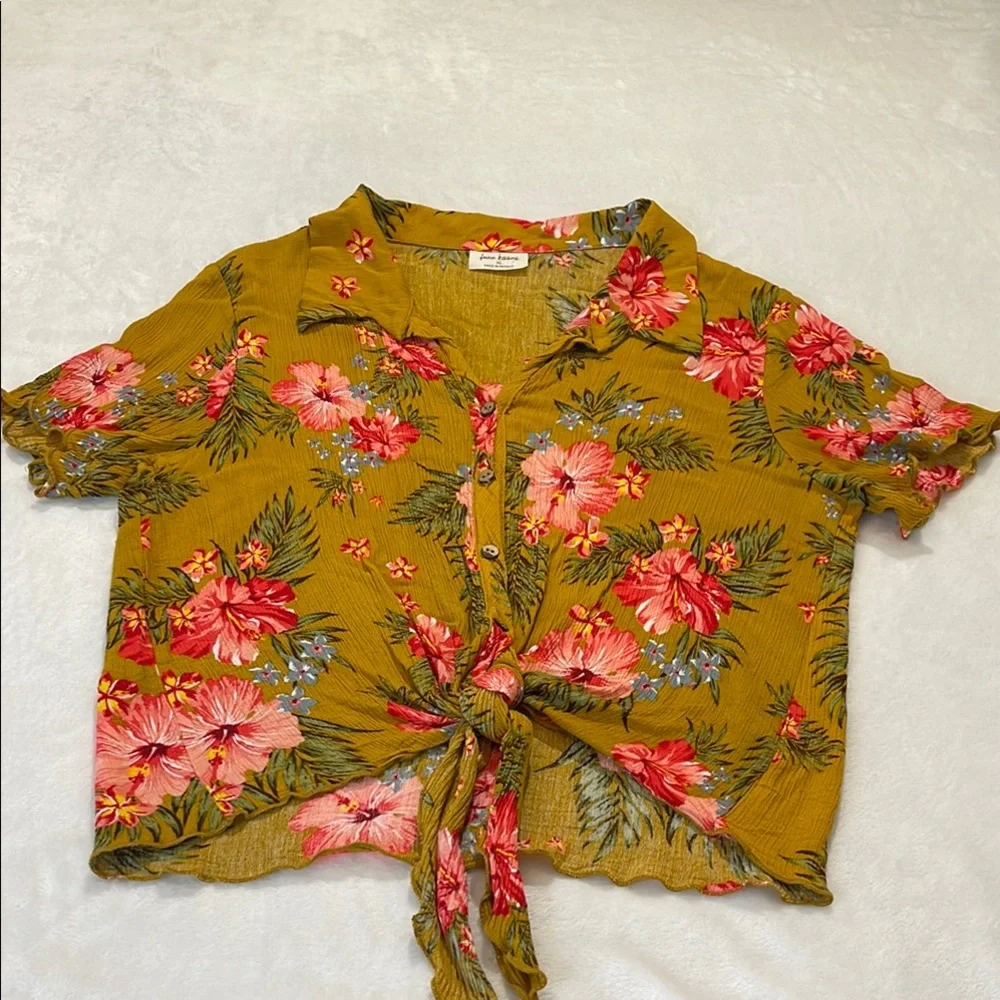 FREE KISSES GIRLS SIZE XL Floral Tie-Front Top in Mustard